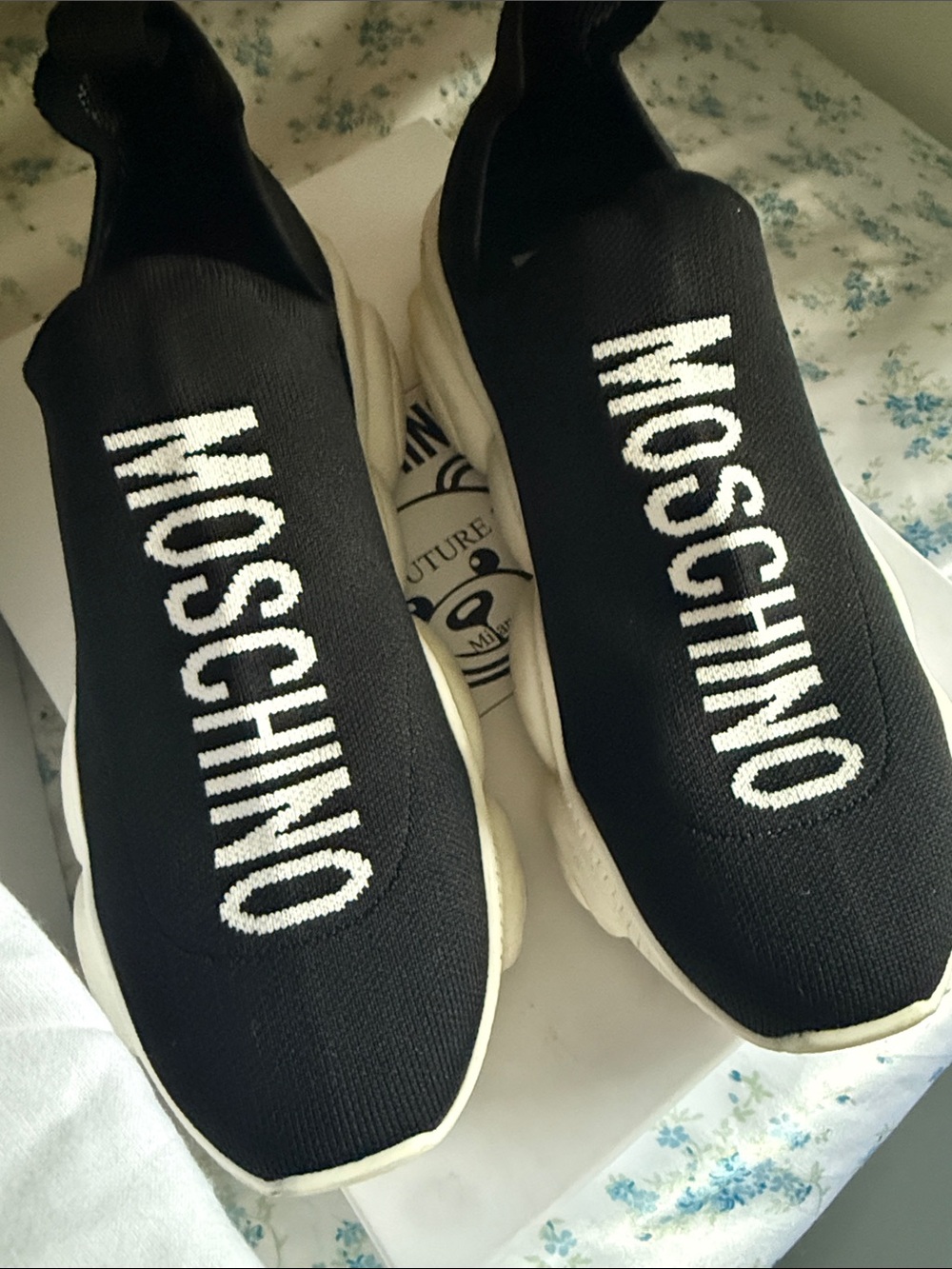 Moschino Black and White Logo Slip-On Knit Sneakers